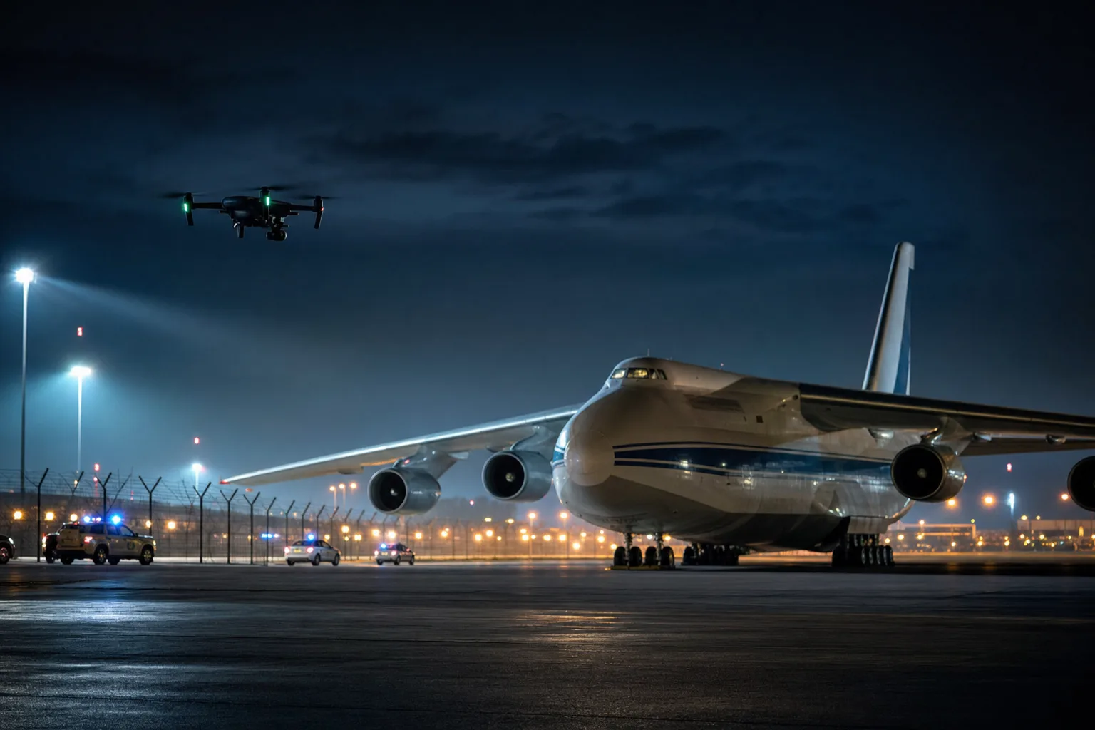 A cargo aircraft on a floodlit airport apron at night with a small drone in the dark sky above