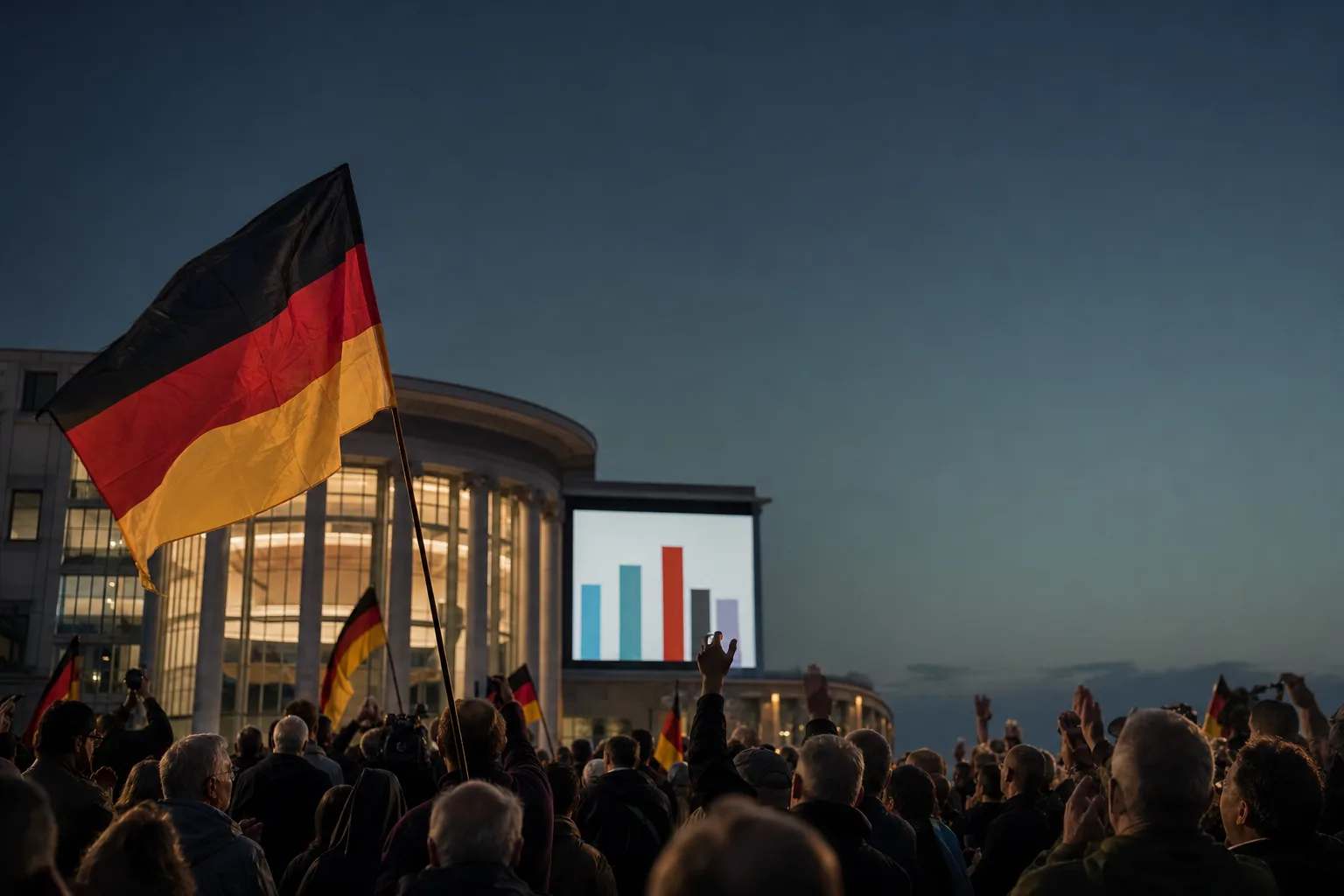 Election-night gathering in an eastern German state parliament with a results display and German flags visible